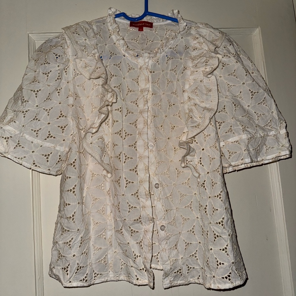 Vivienne Tam Cream Eyelet Ruffle Blouse